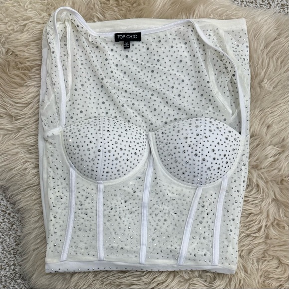 White Mesh Rhinestone Mini Dress - Picture 4 of 5